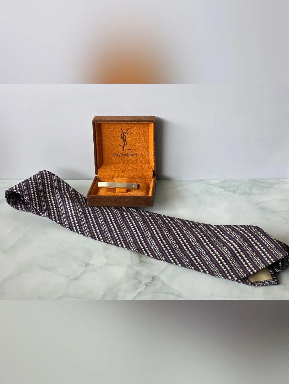 Vintage YSL Gold Tie Clip in Box + Matching Silk Striped Tie